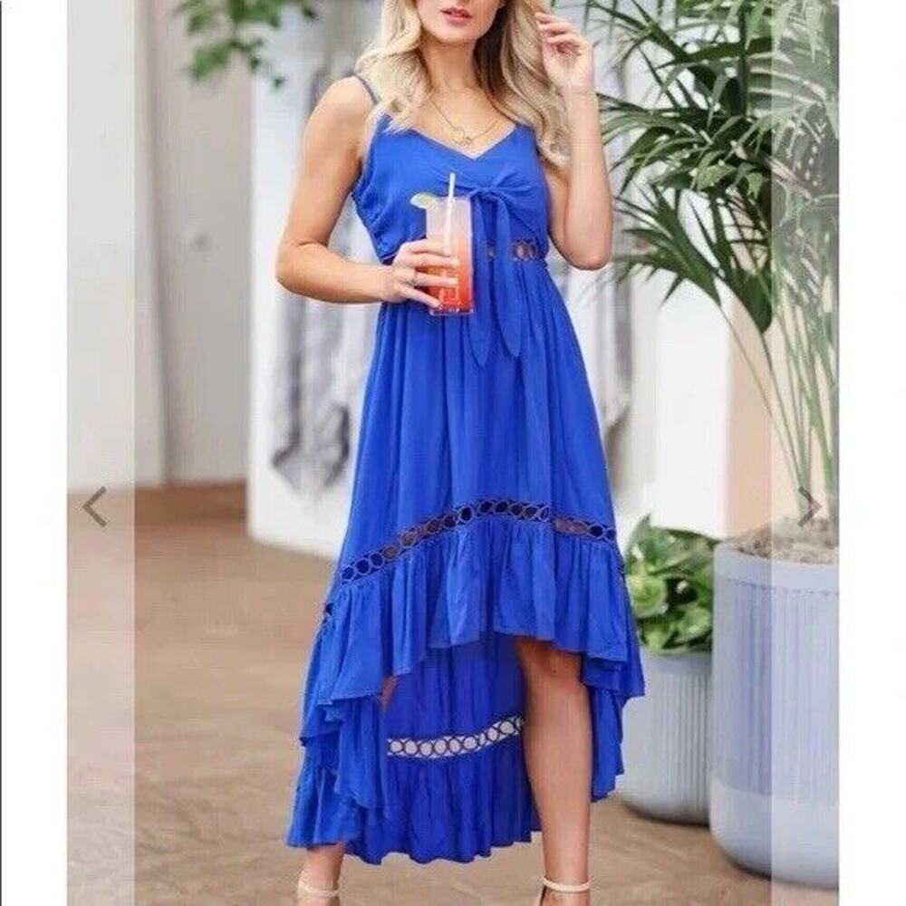 Women's Blue Tie Front High Low Maxi Dress‎ With Cutout Eyelet Designs Size 2XL